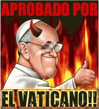 a cartoon of a man with devil horns giving a thumbs up and the words aprobado por el vaticano