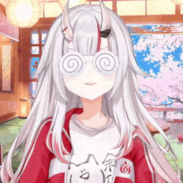 a girl with white hair and horns is wearing glasses and a red and white jacket