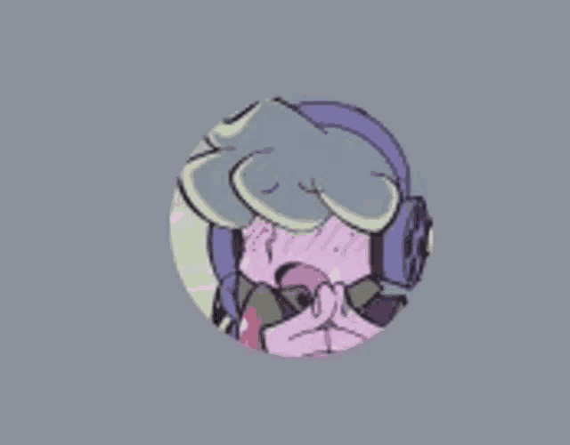 a cartoon character is wearing headphones and covering his face with his hands in a circle .