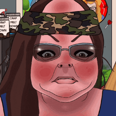 a cartoon drawing of a woman wearing sunglasses and a headband that says crap melt down