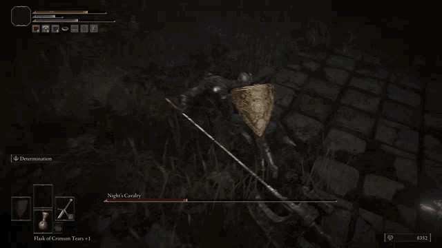 a video game screen shows a knight holding a shield and a sword and says night 's cavalry