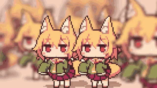 two foxes are standing next to each other in a pixel art .