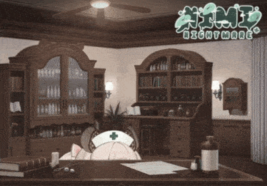 a nurse sits at a desk in a room with the words nightmare written on the top