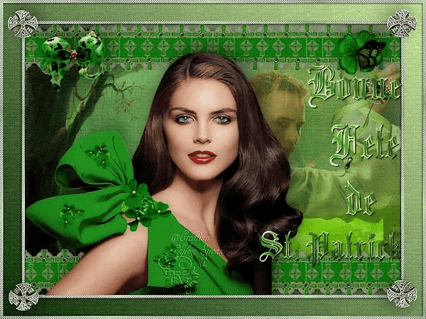 a picture of a woman in a green dress with the words " bonne fete de st. patrick "