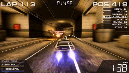 a video game shows a car driving through a tunnel and the time is 0 14:56