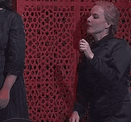 two women are standing next to each other in front of a red screen .
