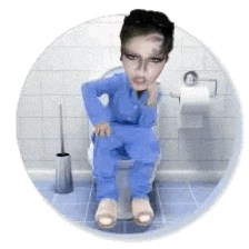 a woman in a blue jumpsuit is sitting on a toilet in a bathroom