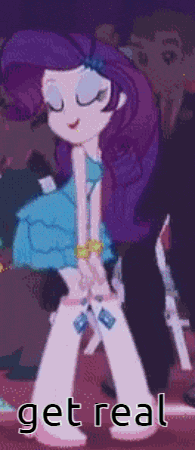 a cartoon of a girl with purple hair and the words get real on the bottom .