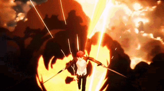 a man with red hair is flying through the air with a sword in his hand