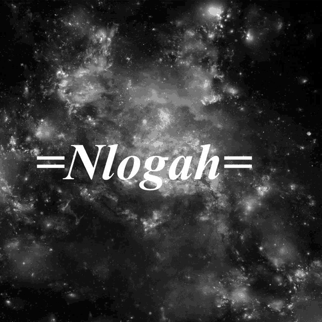 a black and white image of a galaxy with the word nogah in white letters