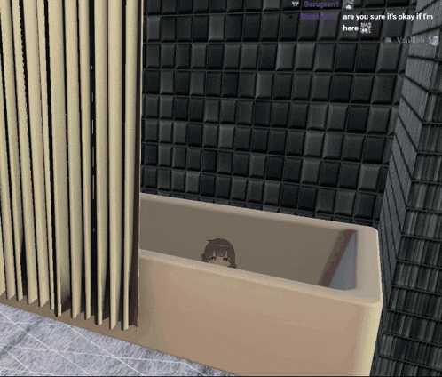 a screenshot of a video game shows a girl in a bathtub with a shower curtain