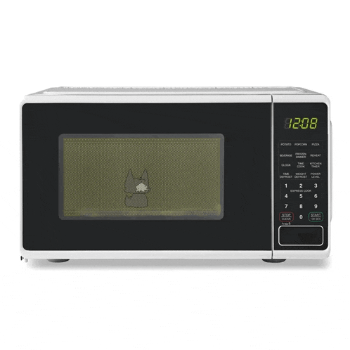 a microwave displays the time as 12:08 with a cat on the screen