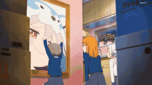 a cartoon of a girl looking at a painting next to a refrigerator that says freezer on it