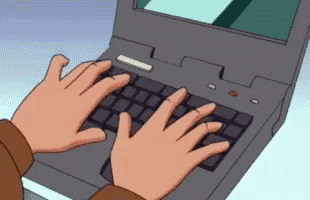 a cartoon of a person typing on a laptop keyboard
