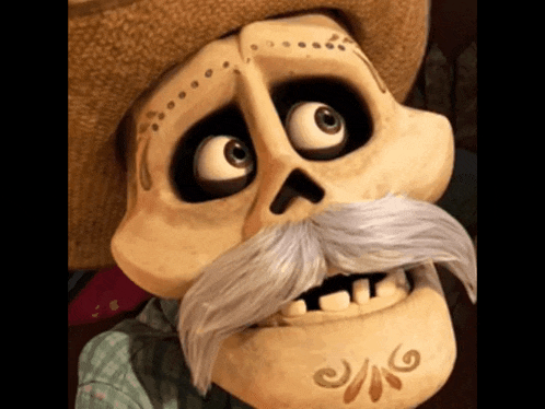 a cartoon skeleton with a cowboy hat and gray mustache