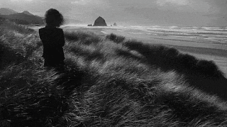 a black and white photo of a woman standing on top of a grassy hill looking at the ocean .