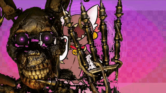 a cartoon drawing of a skull with purple eyes and a cat behind it