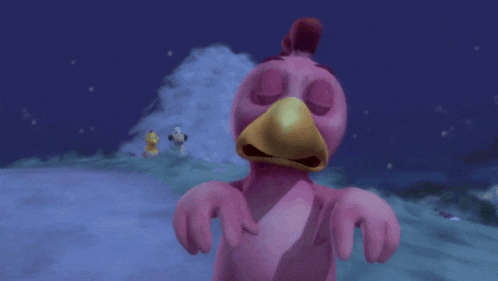 a pink chicken with its eyes closed standing in the snow