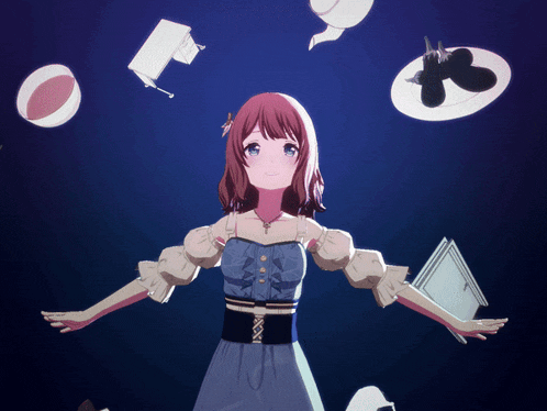 a girl in a blue dress is juggling various items