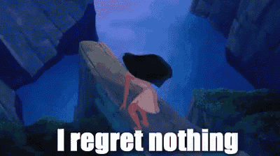 a cartoon of pocahontas sitting on a rock with the words i regret nothing written below her