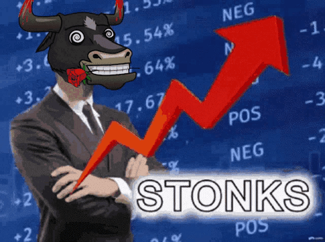 a bull with a rose in its mouth is standing in front of a stock chart that says stonks pos
