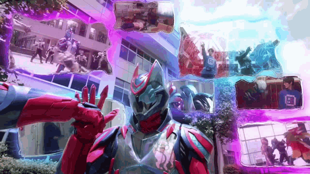 a collage of images shows a superhero in a red and silver suit