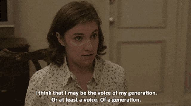 a woman in a floral shirt says i think that i may be the voice of my generation