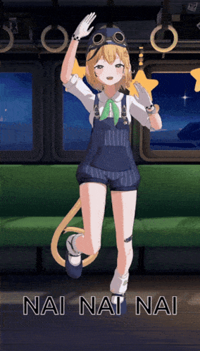 a girl in overalls is dancing on a train with nai nai nai written on the bottom