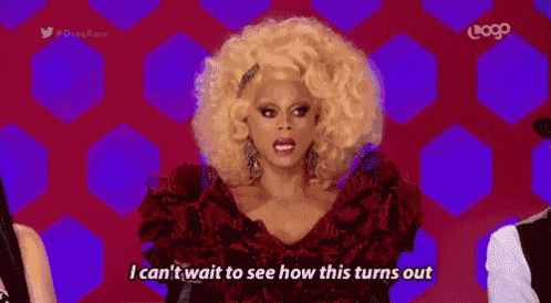 a drag queen with blonde hair is wearing a red dress and saying i can 't wait to see how this turns out .