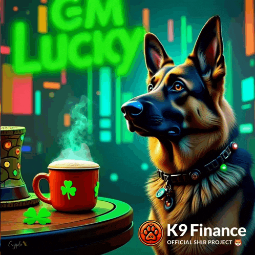 a german shepherd sits at a table with a cup of coffee in front of a sign that says i 'm lucky