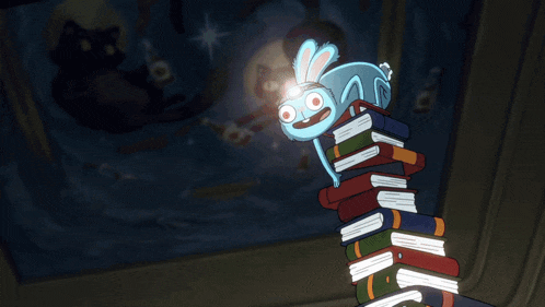 a cartoon rabbit is standing on a pile of books