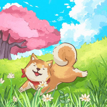 a cartoon of a dog laying in the grass with flowers and a tree in the background