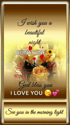 a greeting card that says `` i wish you a beautiful night sunshine god bless you i love you see you in the morning light ''