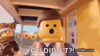 a lego man is saying `` you didn 't '' while standing on a porch .