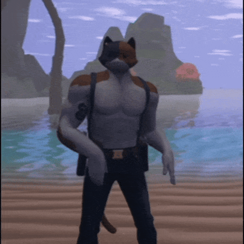 a man with a cat 's head standing on a dock