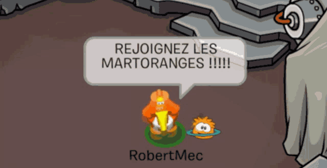 a cartoon character with a speech bubble that says " rejoignez les martoranges "