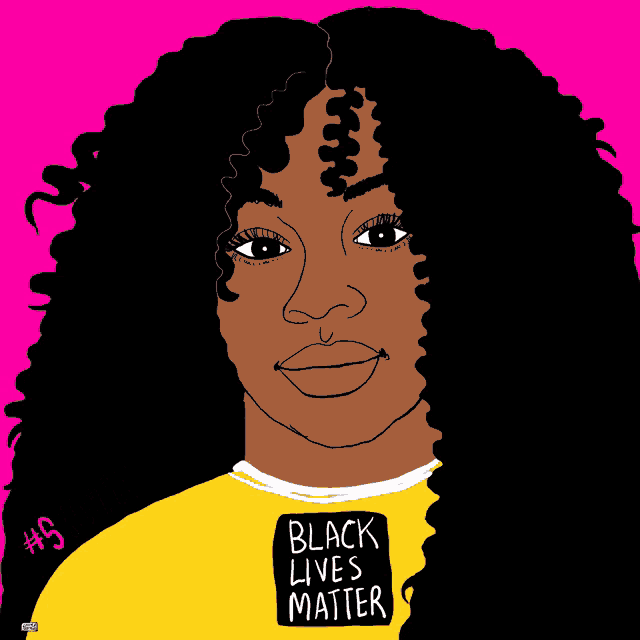 a drawing of a woman with curly hair wearing a yellow shirt that says " black lives matter "