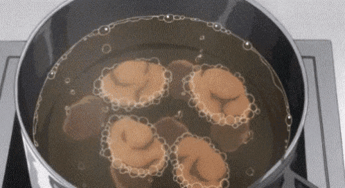 a pot of food is being cooked in a pot of boiling water on a stove .