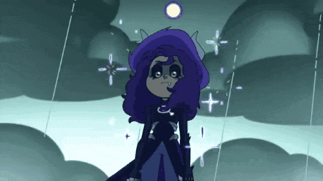 a cartoon girl with purple hair and horns is standing in the rain .