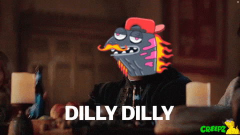 a cartoon character is holding a beer bottle and the words dilly dilly are below him