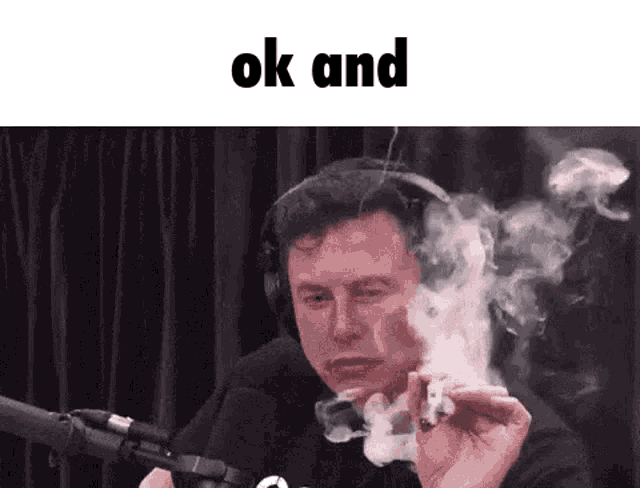 elon musk is smoking a cigarette in front of a microphone and smoke is coming out of his mouth .