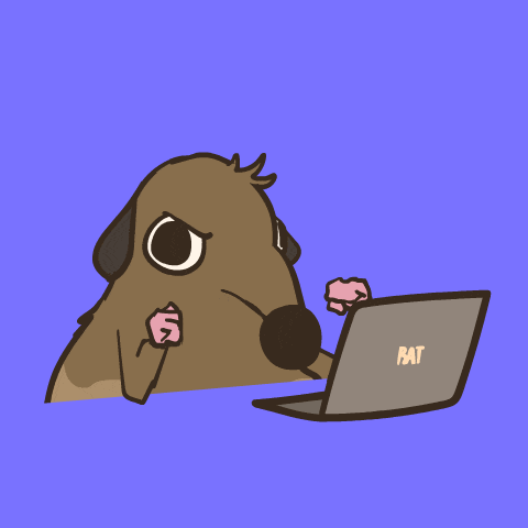 a cartoon of a dog looking at a laptop that says bat