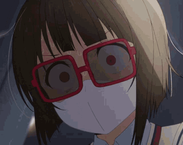 a close up of a girl wearing glasses and a white face mask
