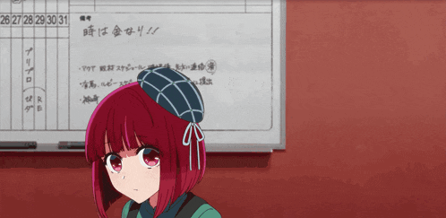 a girl with red hair is standing in front of a calendar with the date 26/27/28/29/30/31 on it