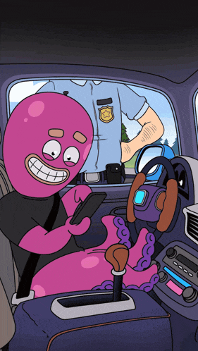 a cartoon of a police officer talking to a pink octopus in the back seat of a car
