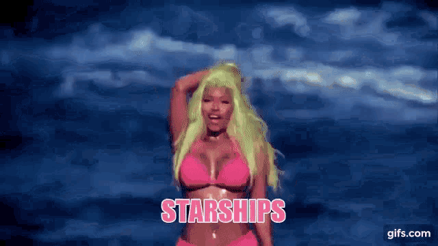 a woman in a pink bikini is standing in front of a blue sky with the words starships written on the bottom
