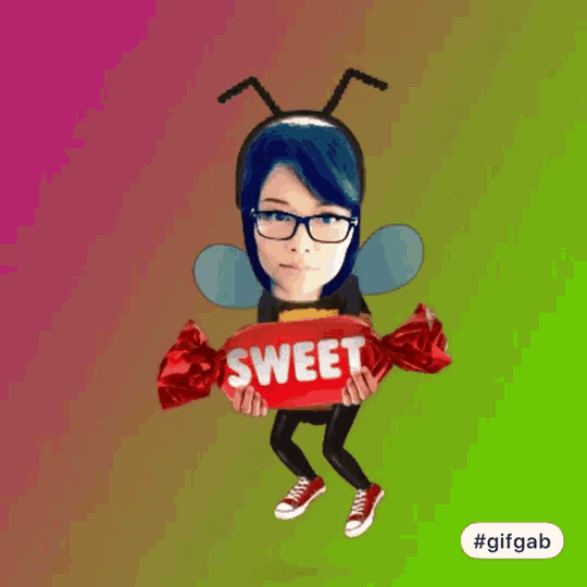 a person in a bee costume is holding a red sweet candy