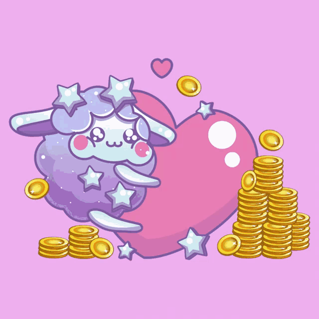 a cartoon illustration of a sheep holding a heart surrounded by coins