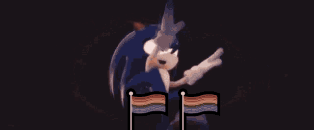 a cartoon of sonic the hedgehog with a rainbow flag in front of him