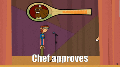 a cartoon of a man standing in front of a microphone with chef approves written on the bottom
